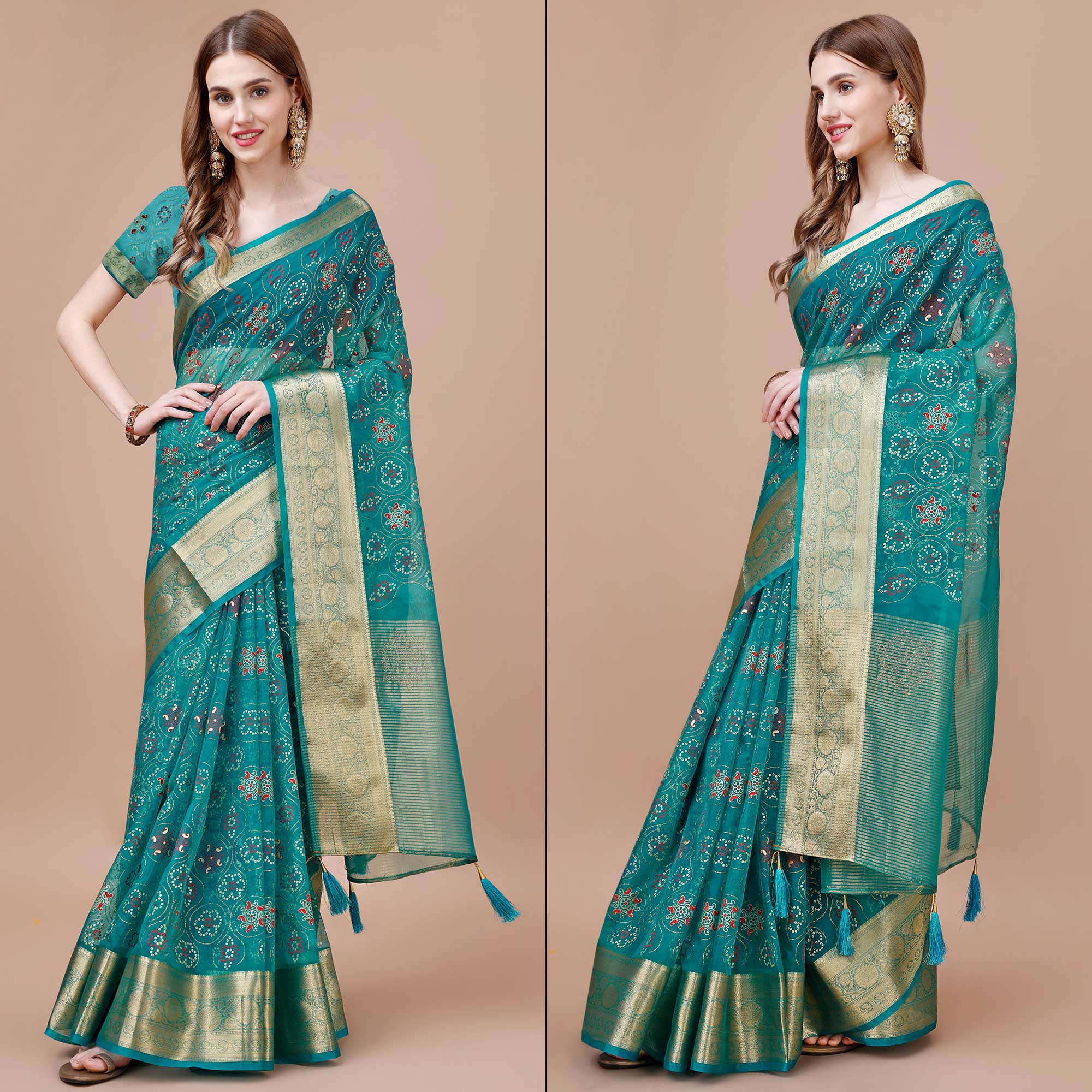 Rama Blue Bandhani Printed Organza Saree With Woven Border