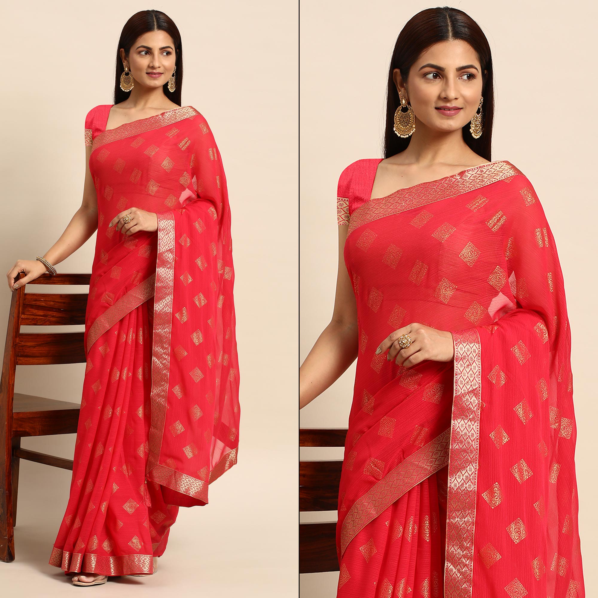 Pink Foil Printed Chiffon Saree With Tassels