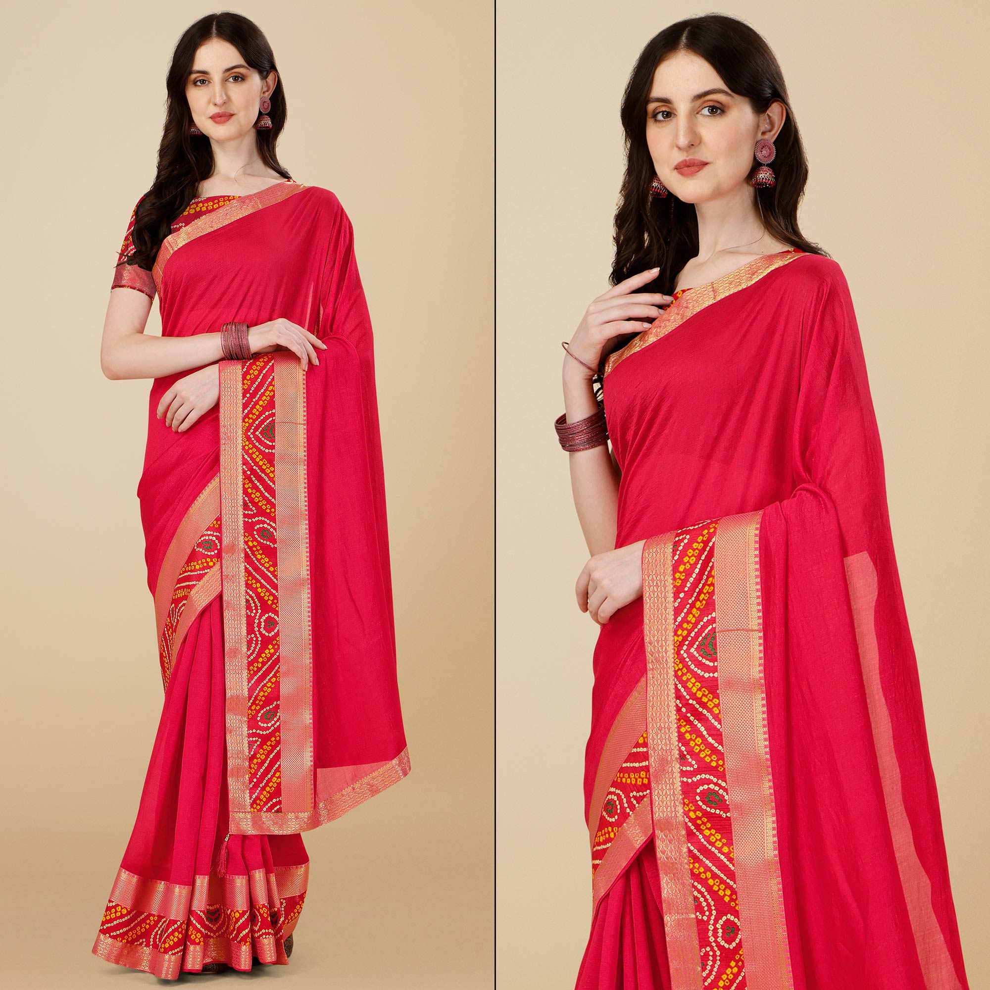 Pink Solid Vichitra Silk Saree