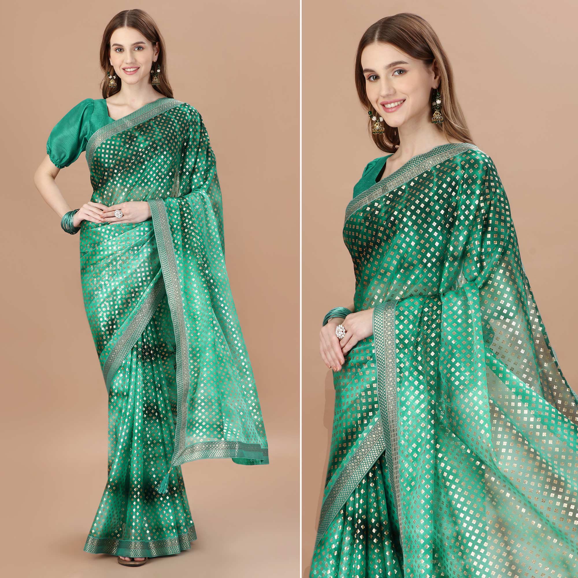 Green Foil Printed Lycra Saree With Lace Border