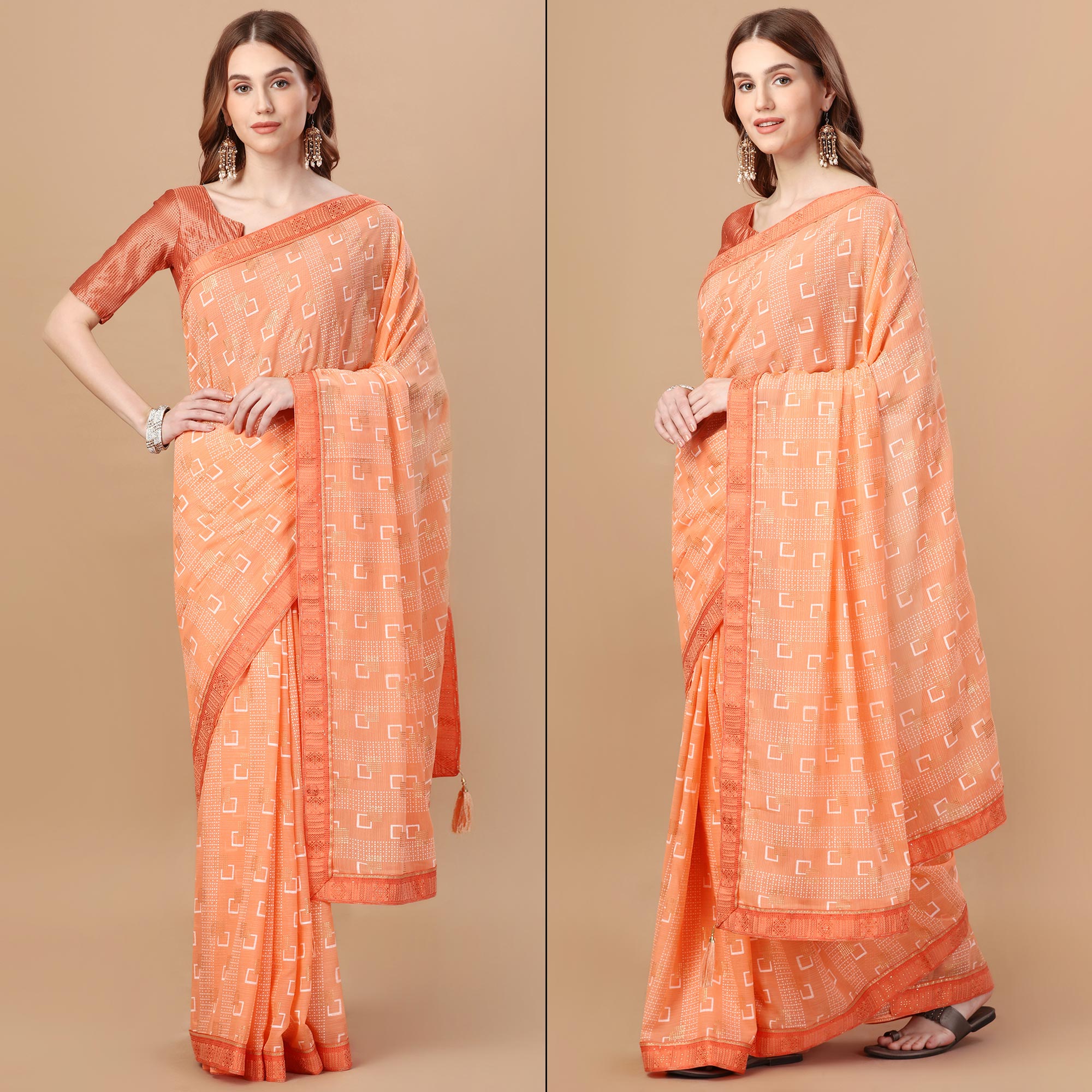 Peach Foil Printed Chiffon Saree With Lace Border