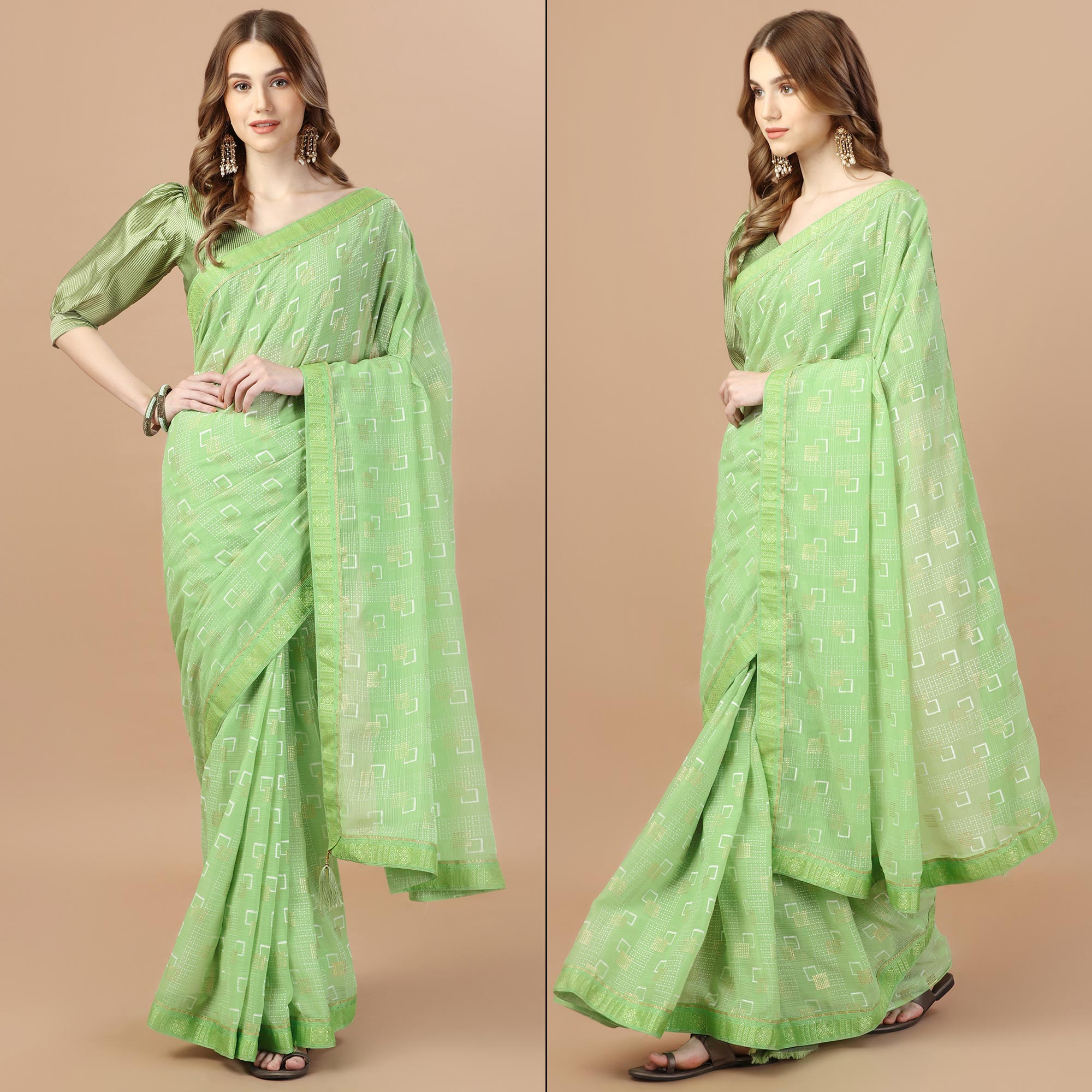 Green Foil Printed Chiffon Saree With Lace Border