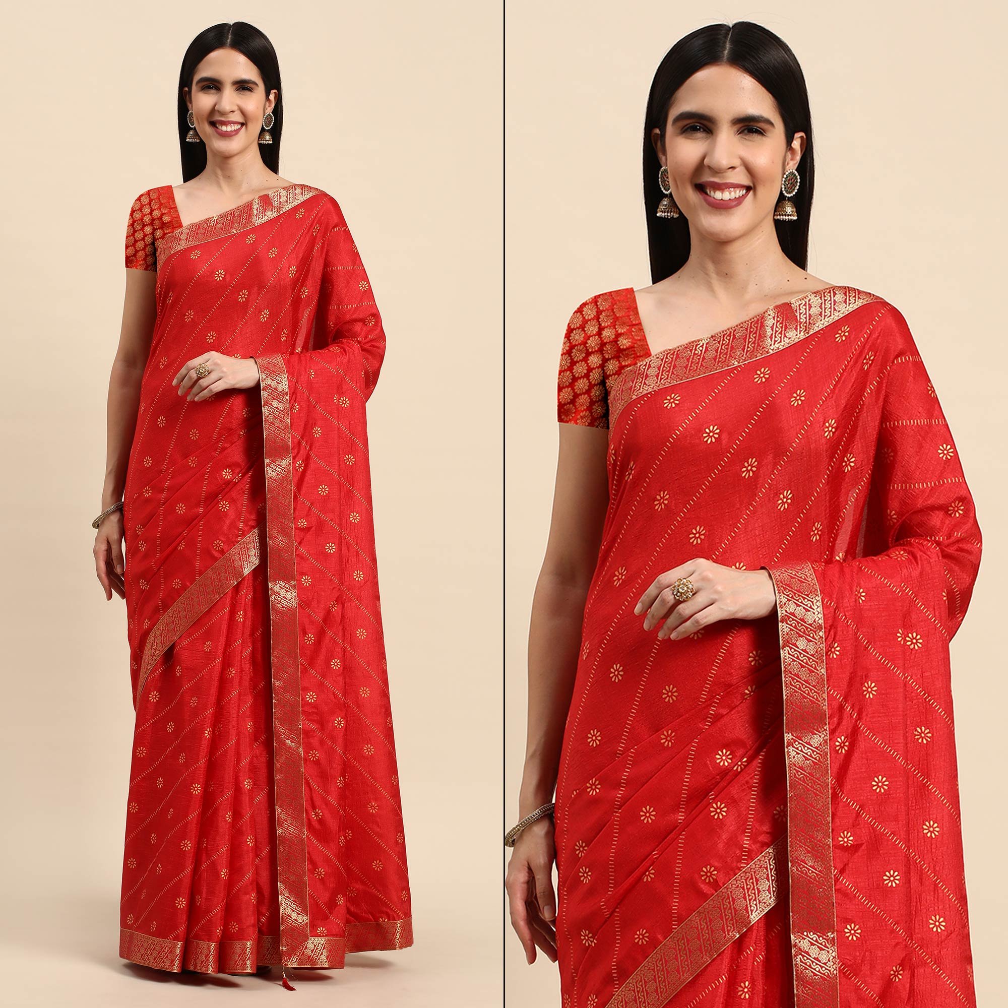 Red Floral Foil Printed Vichitra Silk Saree