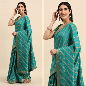 Rama Blue Floral Foil Printed Vichitra Silk Saree