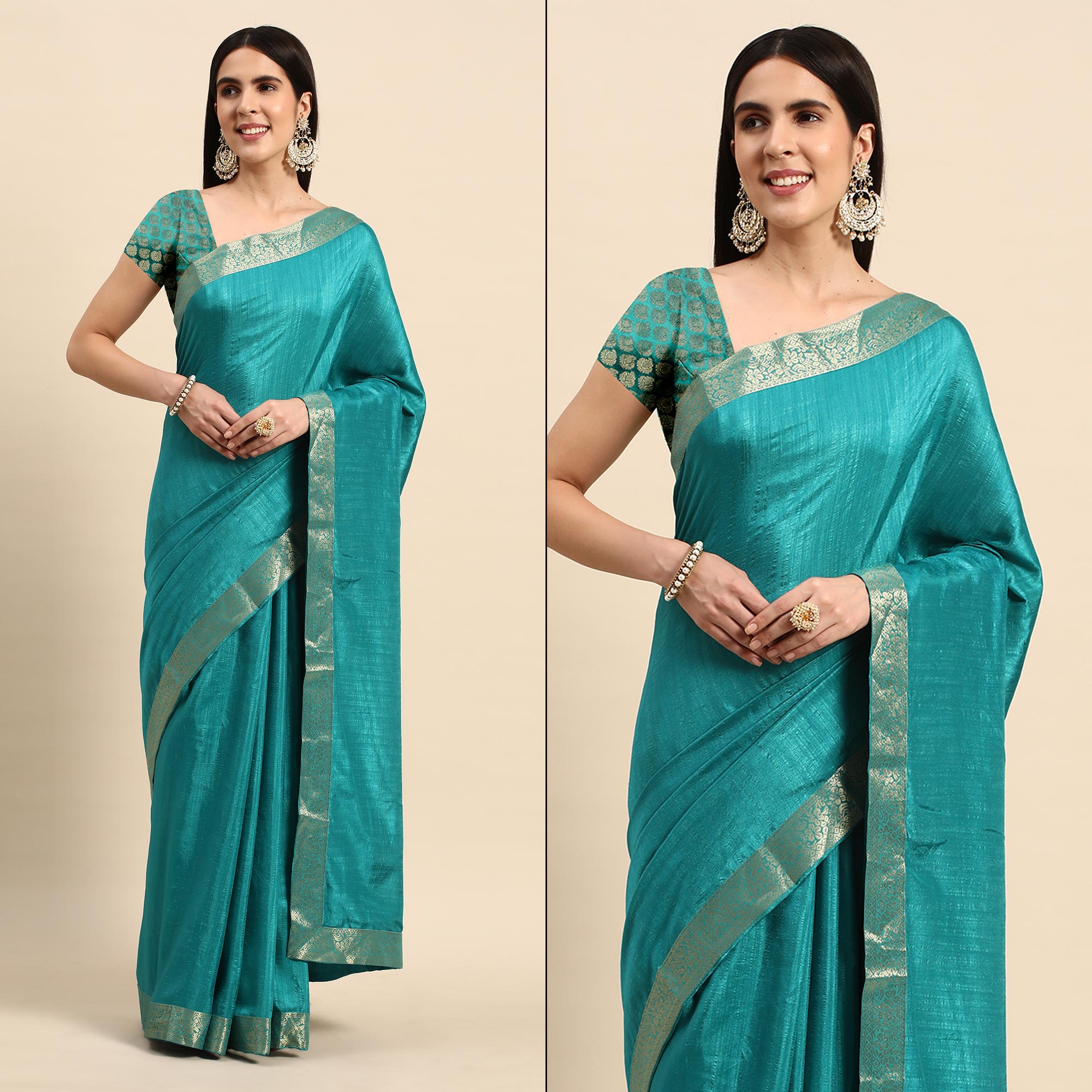 Rama Blue Solid Vichitra Silk Saree With Fancy Zari Border