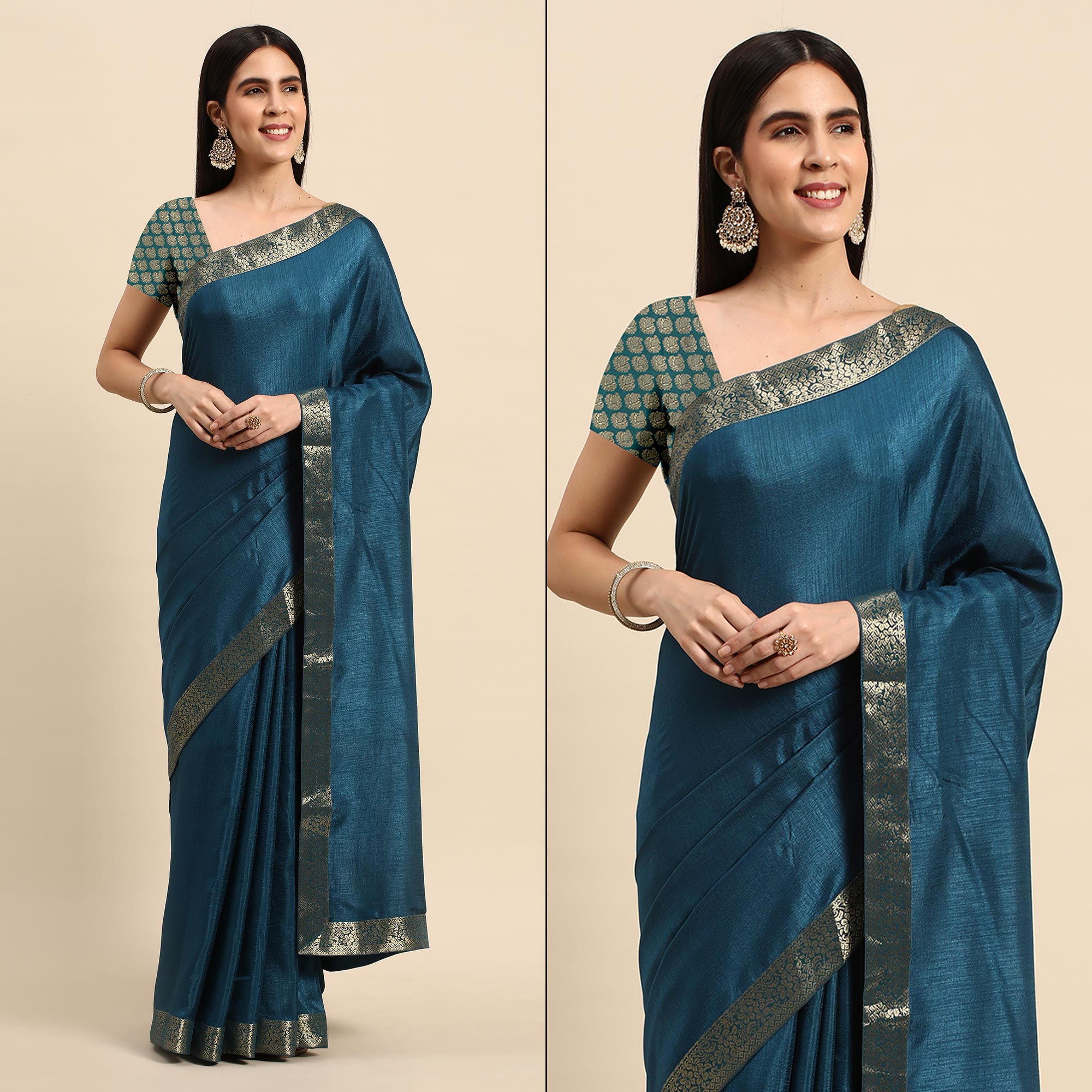 Blue Solid Vichitra Silk Saree With Fancy Zari Border