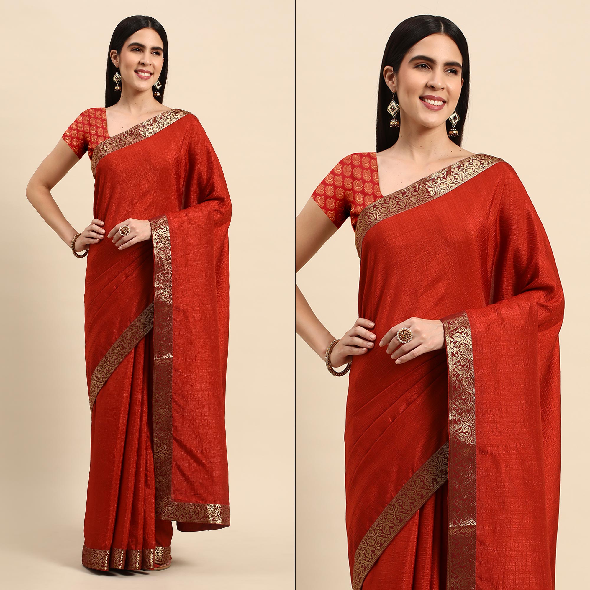 Rust Solid Vichitra Silk Saree With Fancy Zari Border