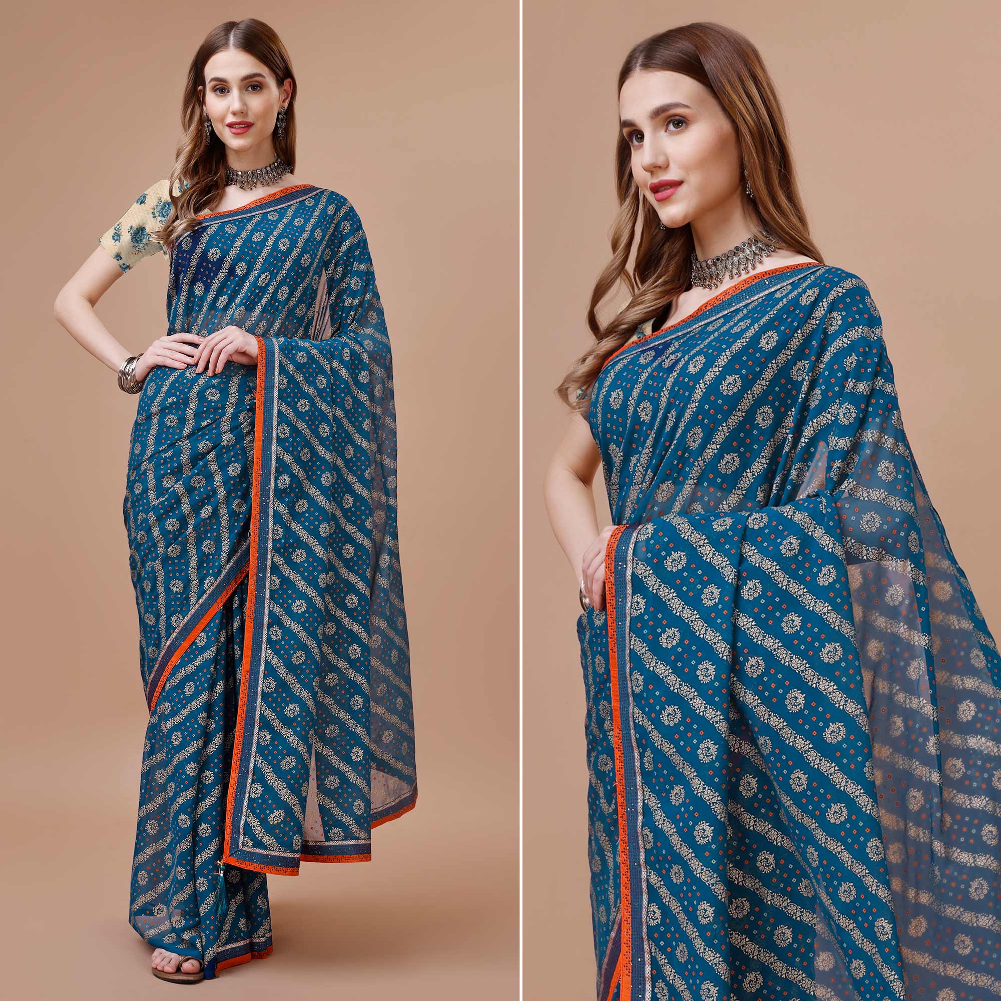Blue Floral Foil Printed Chiffon Saree With Lace Border