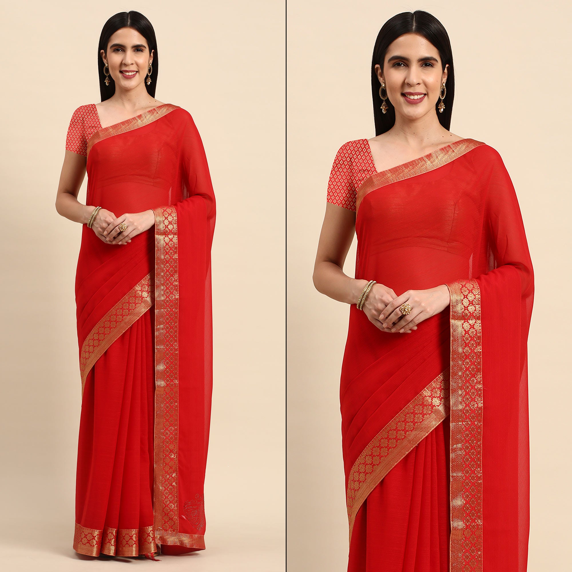 Red Swarovski Work Chiffon Saree With Zari Border