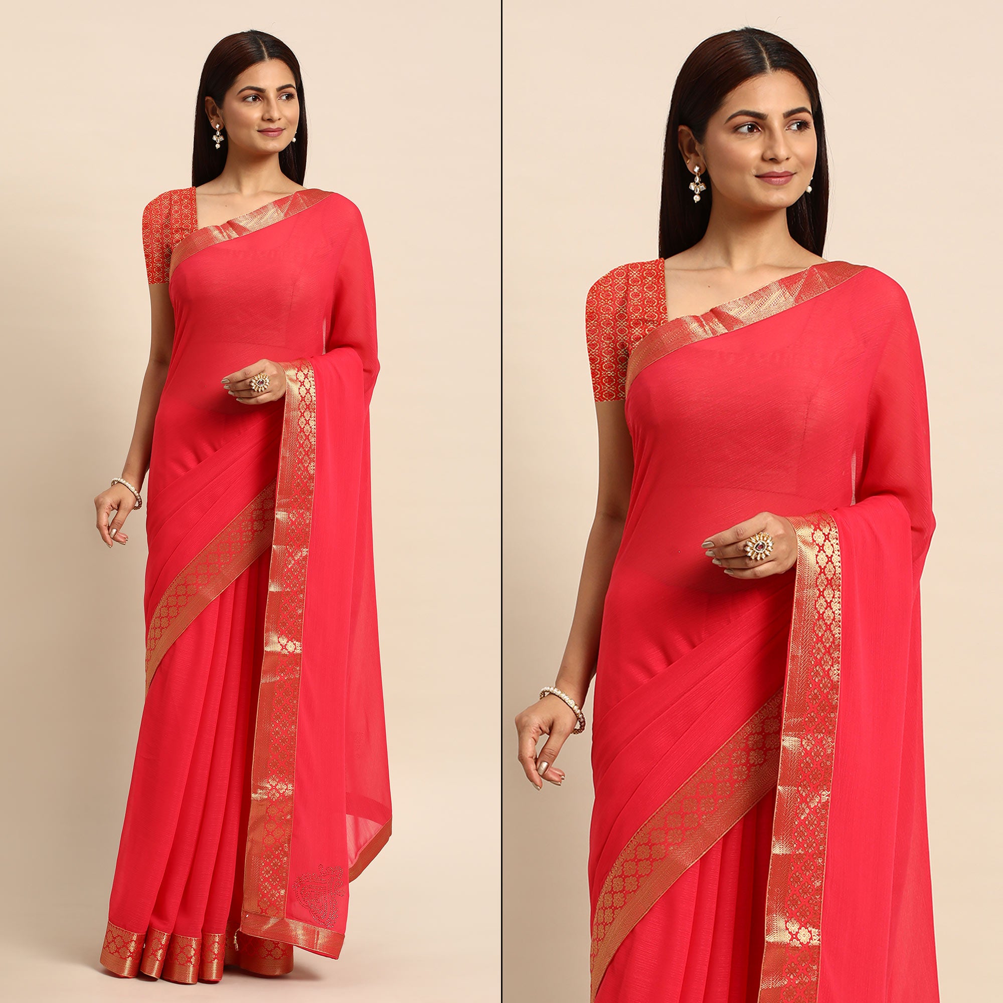Pink Swarovski Work Chiffon Saree With Zari Border