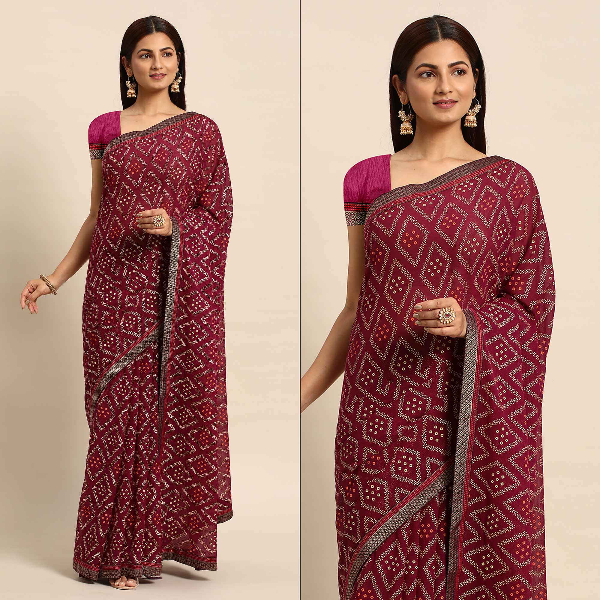 Wine Floral Foil Printed Chiffon Saree With Tassels