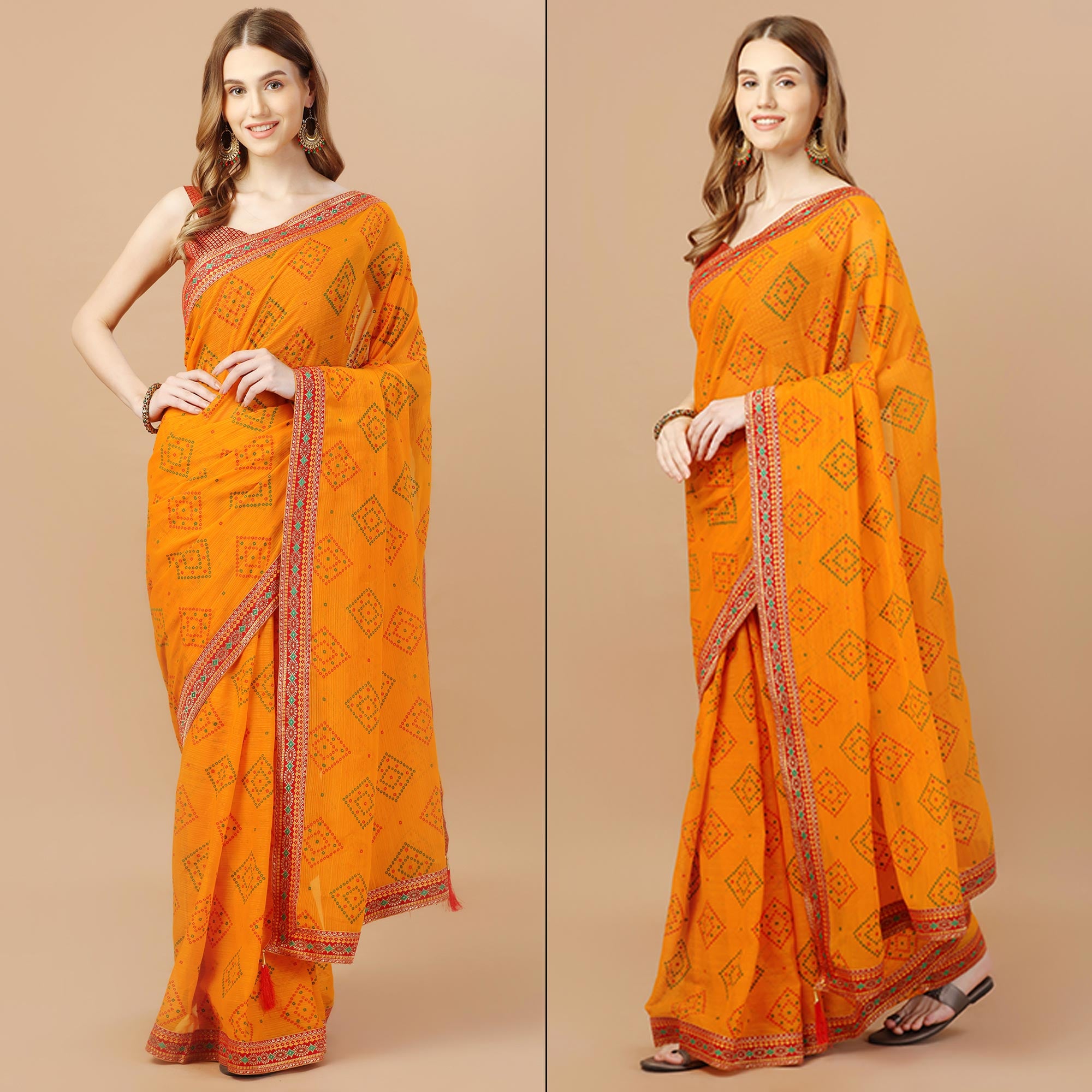 Yellow Bandhani Printed Chiffon Saree