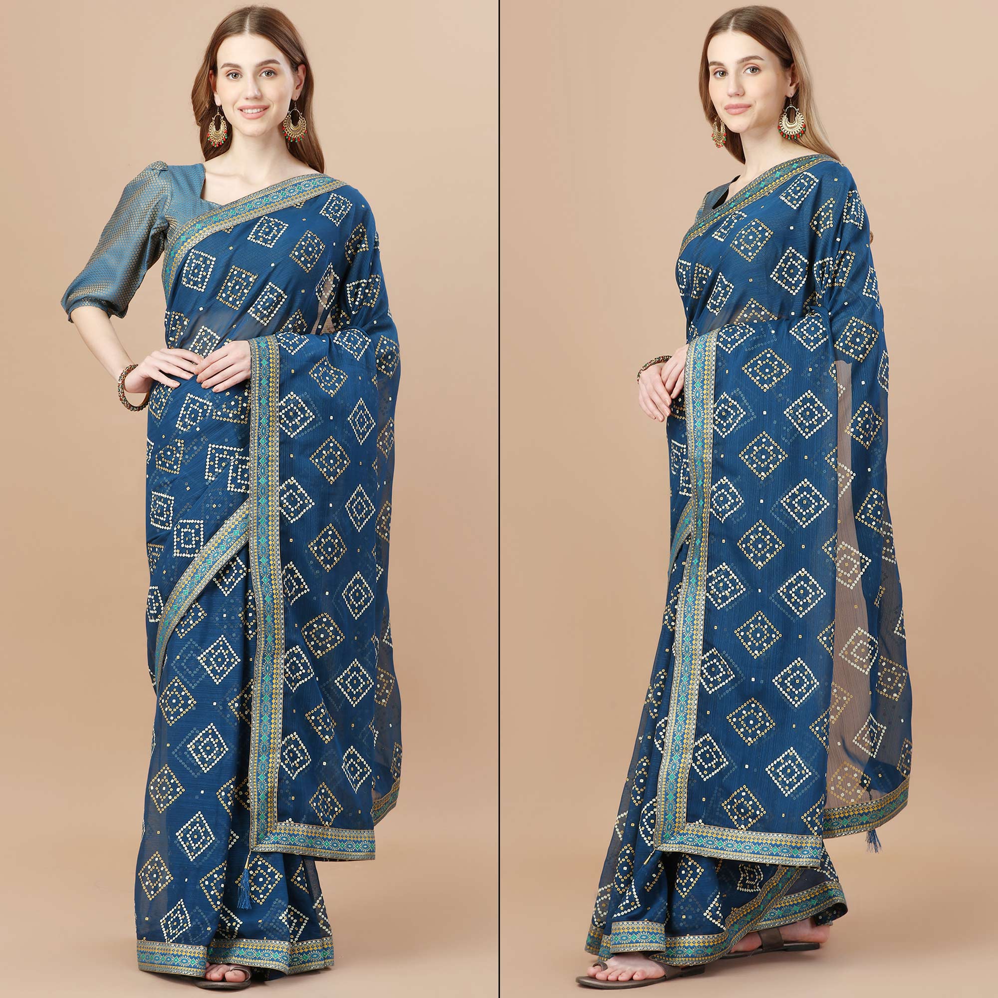 Blue Bandhani Printed Chiffon Saree