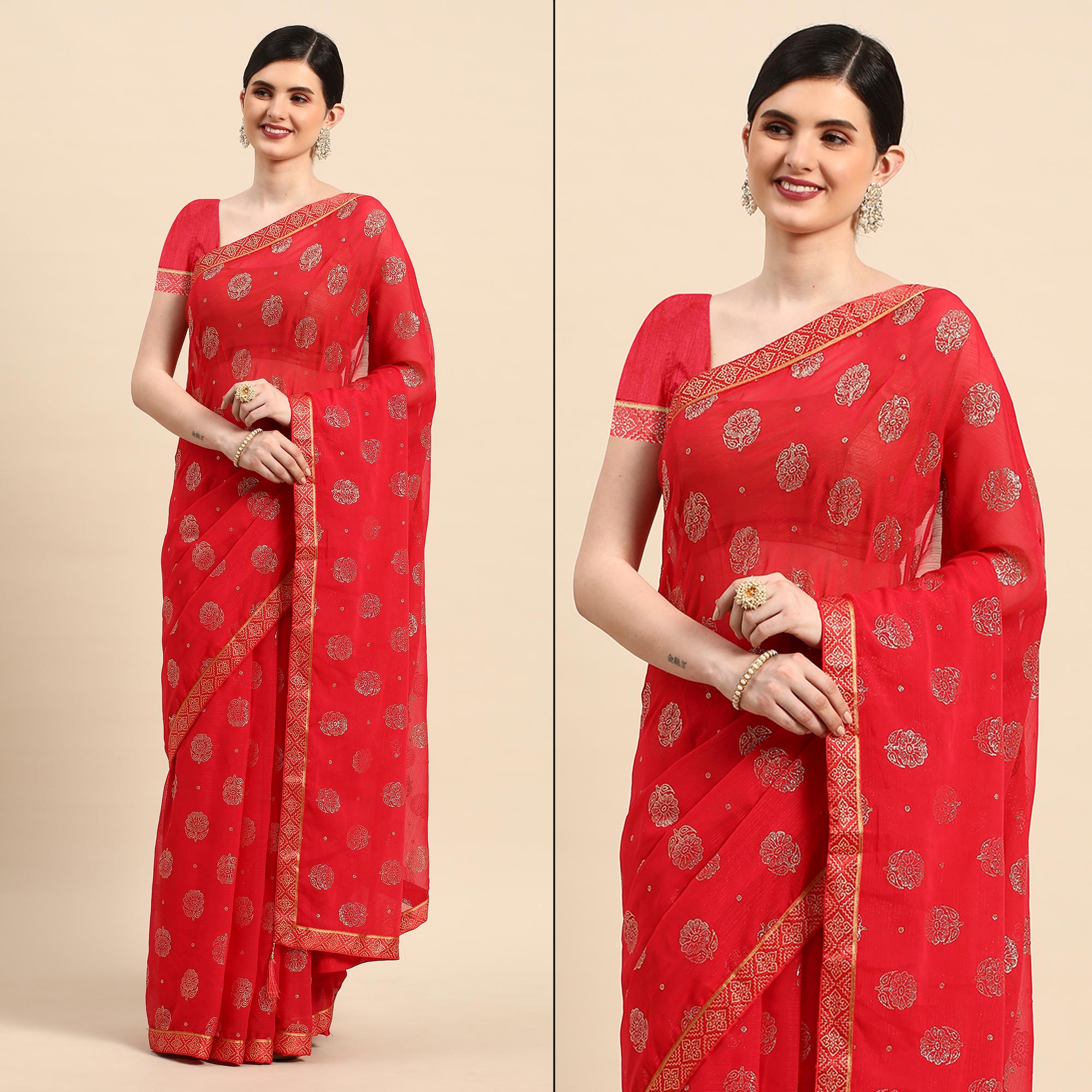 Pink Foil Printed With Embellished Chiffon Saree