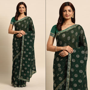 Green Foil Printed With Embellished Chiffon Saree