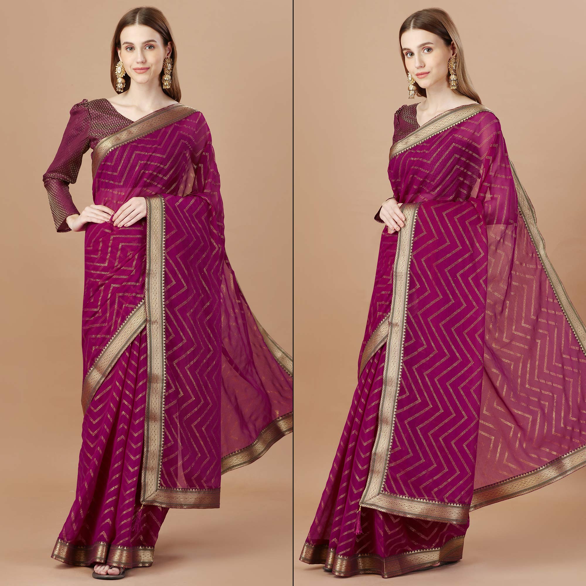 Wine Foil Printed Chiffon Saree With Lace Border
