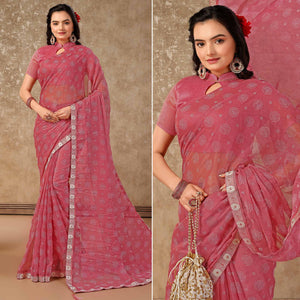 Pink Printed Chiffon Saree With Lace Border