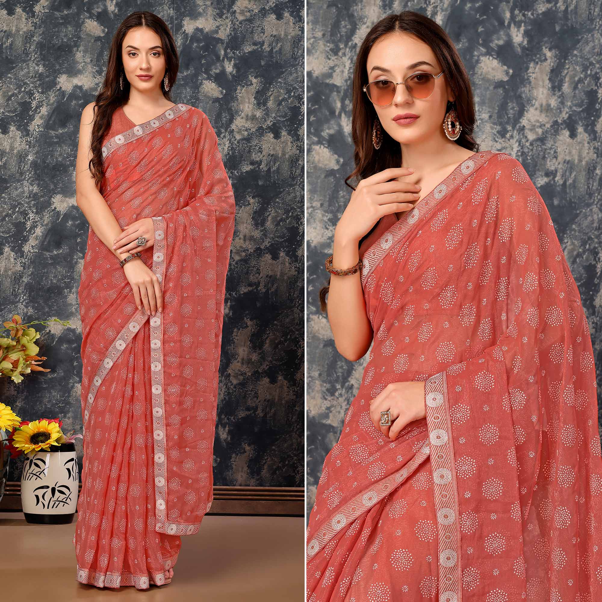 Peach Printed Chiffon Saree With Lace Border