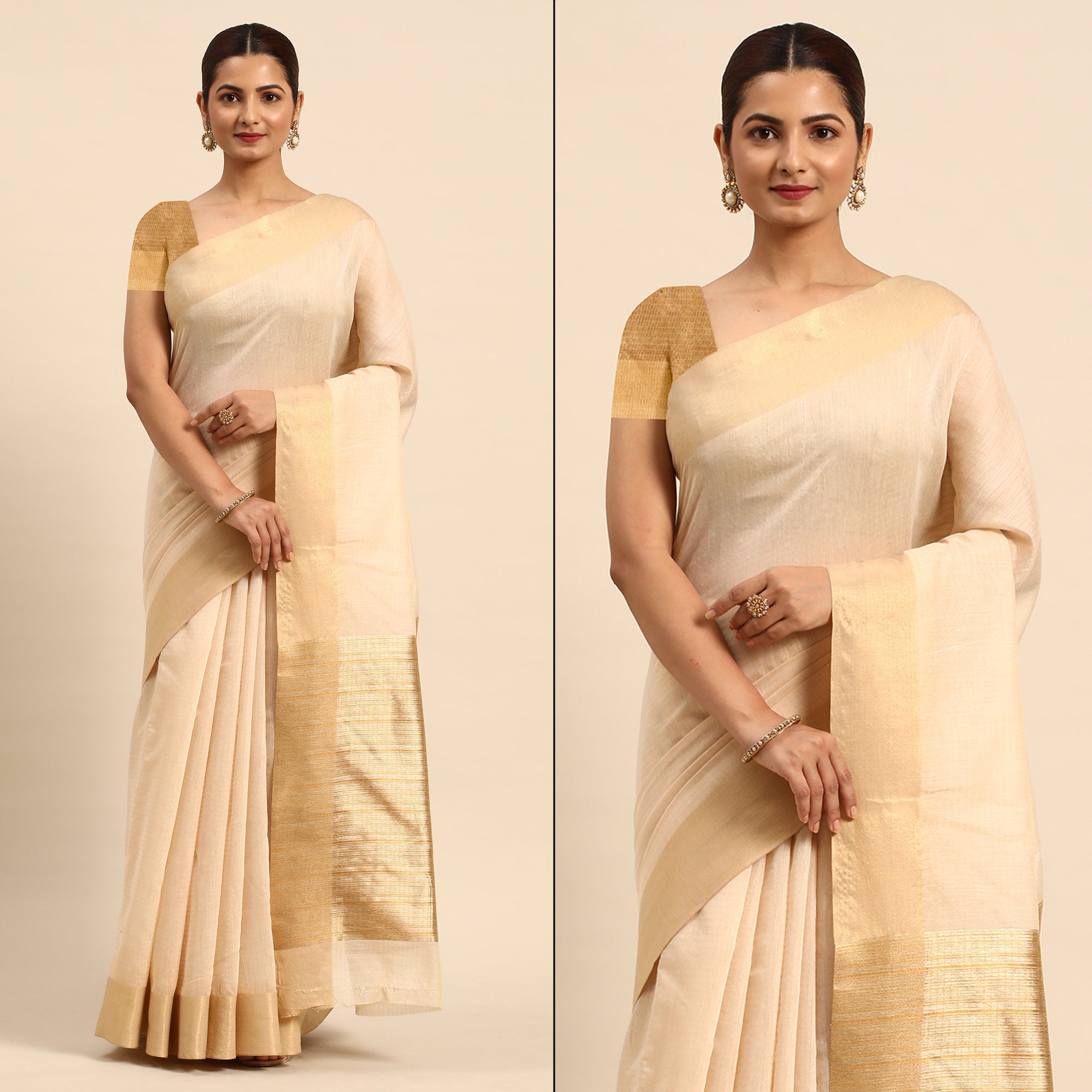 Beige Woven Zari Cotton Silk Saree