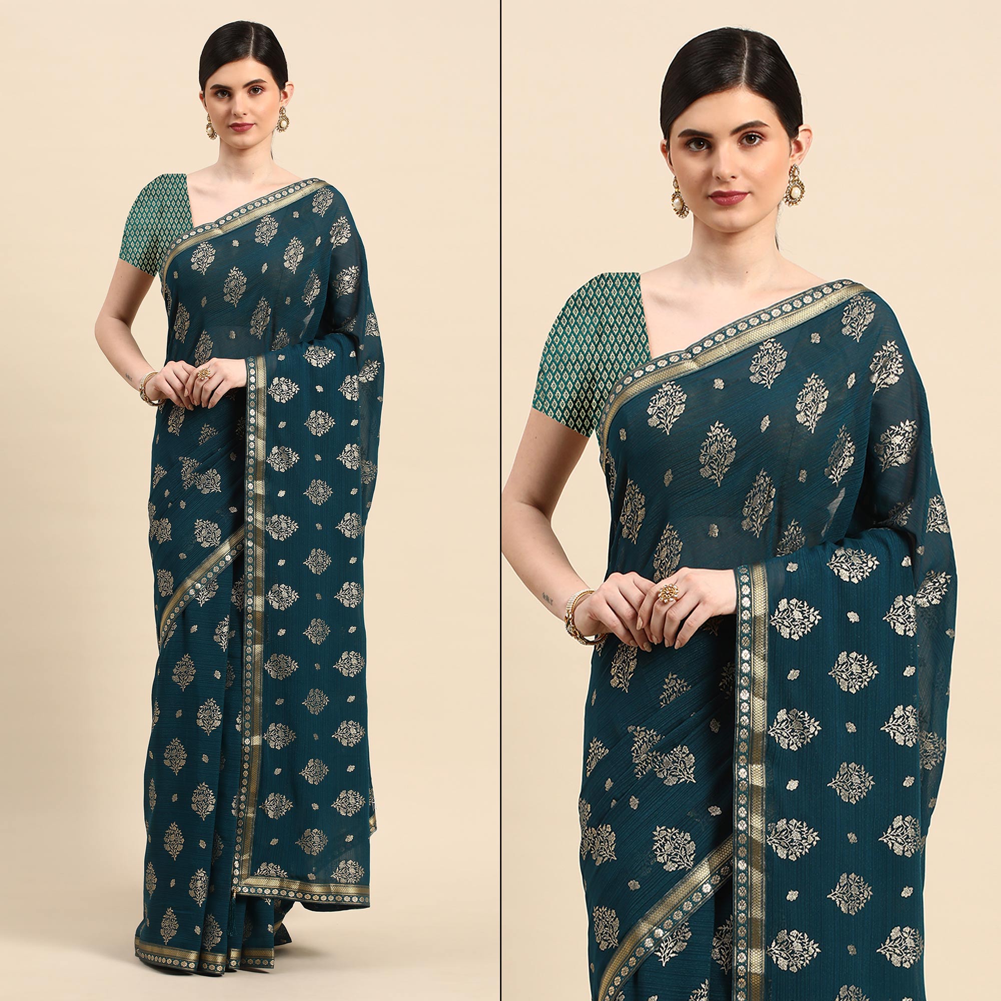 Teal Blue Floral Foil Printed Chiffon Saree With Tassels