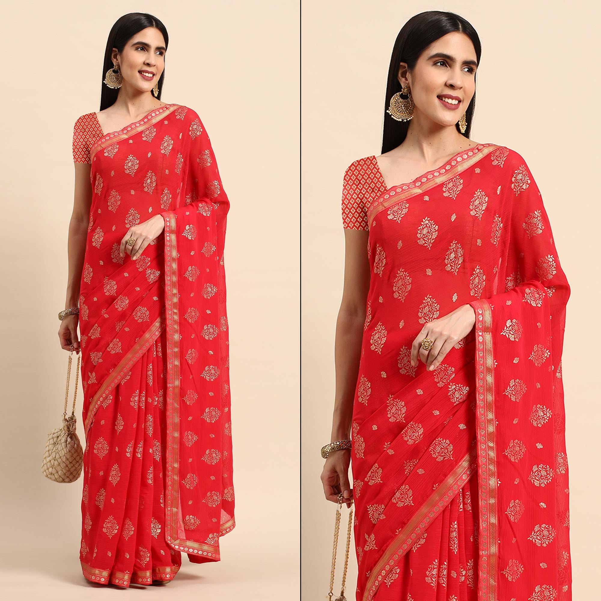 Red Floral Foil Printed Chiffon Saree With Tassels