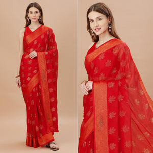 Red Zari Work Chiffon Saree With Tassels
