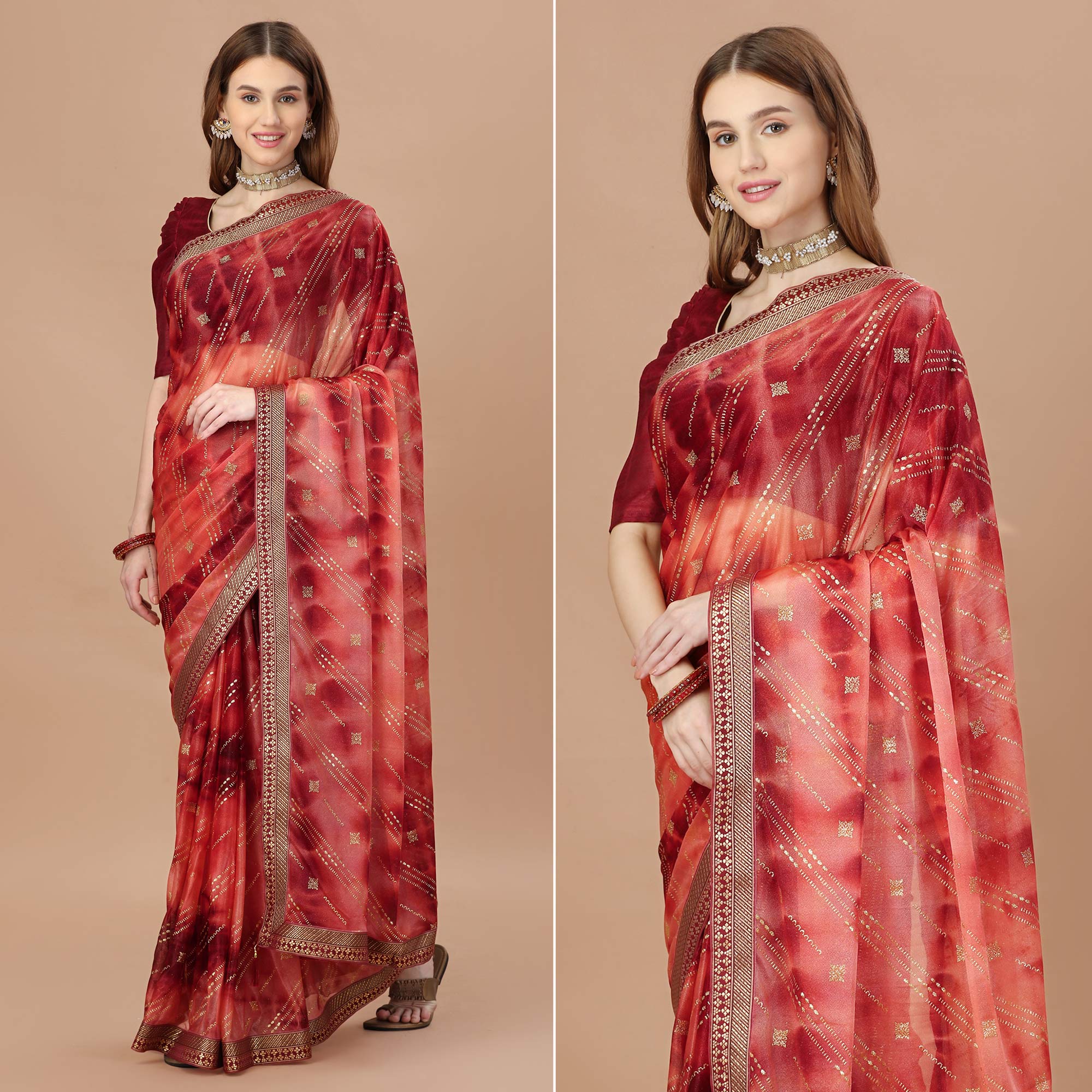 Red Zari Work Chiffon Saree Lace Border