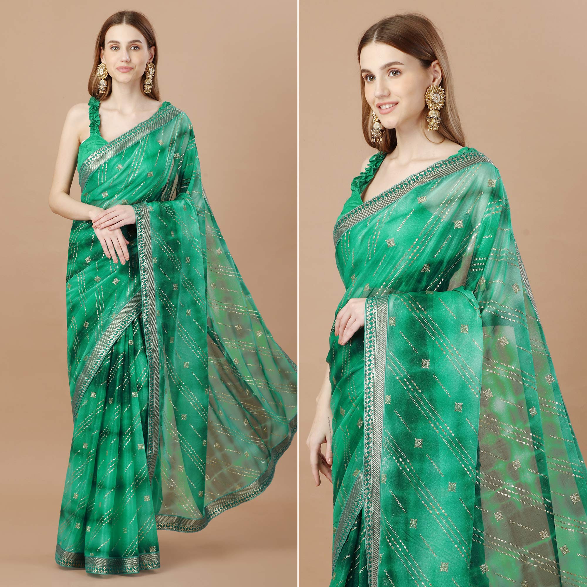 Green Zari Work Chiffon Saree Lace Border