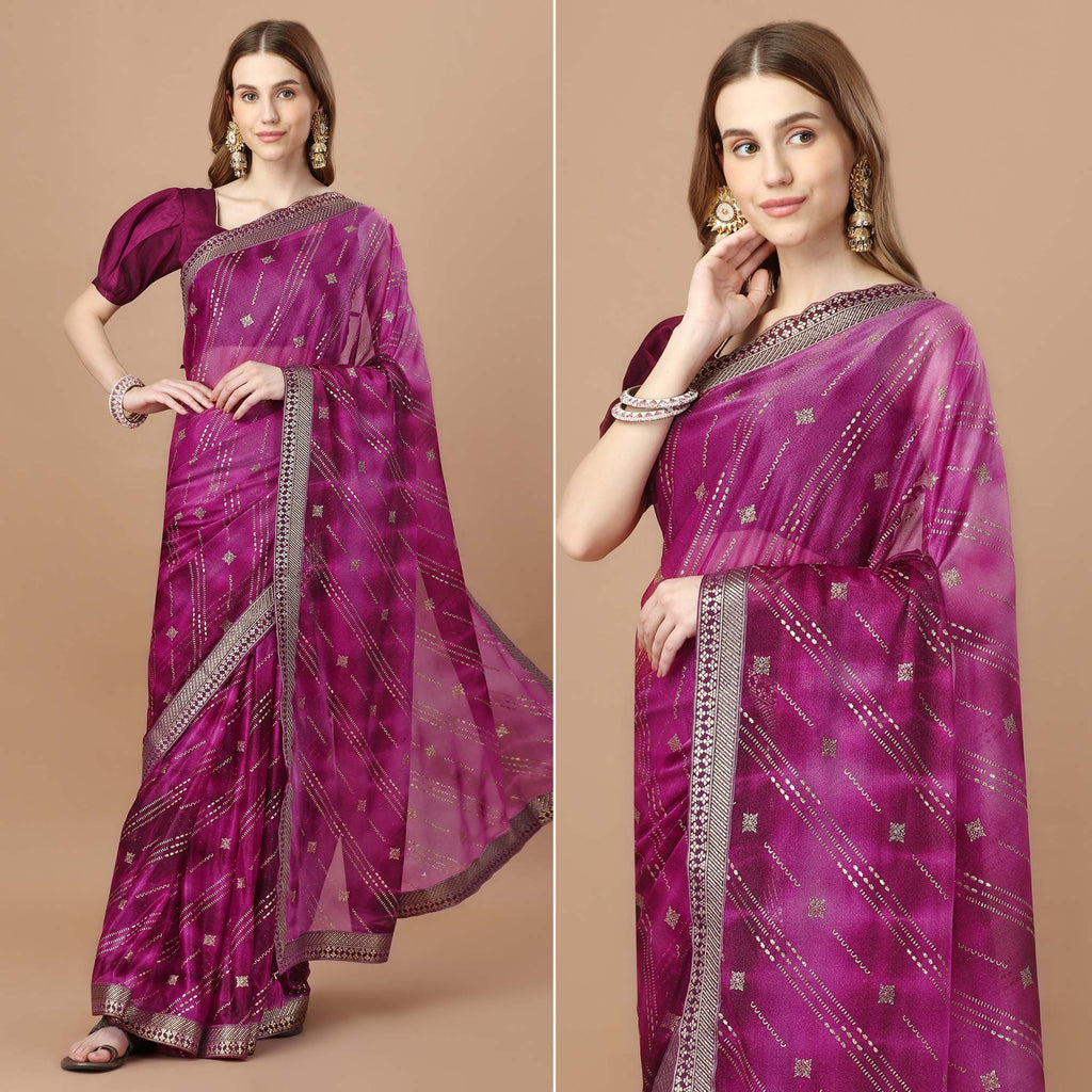 chiffon silk saree with antique zari-Purple main image 0