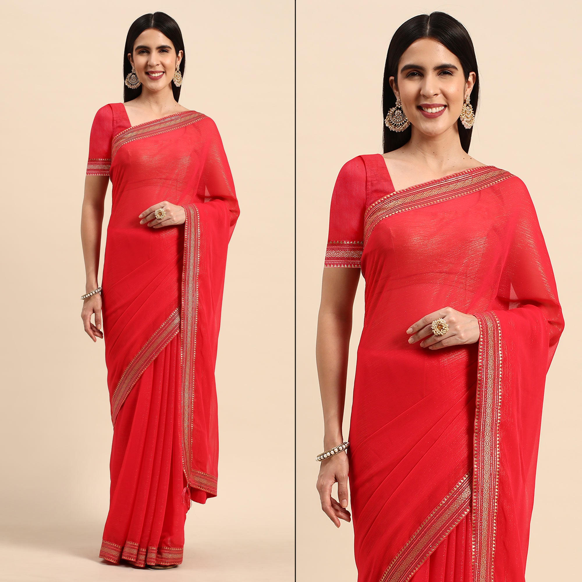 Pink Solid With Woven Border Chiffon Saree With Tassels