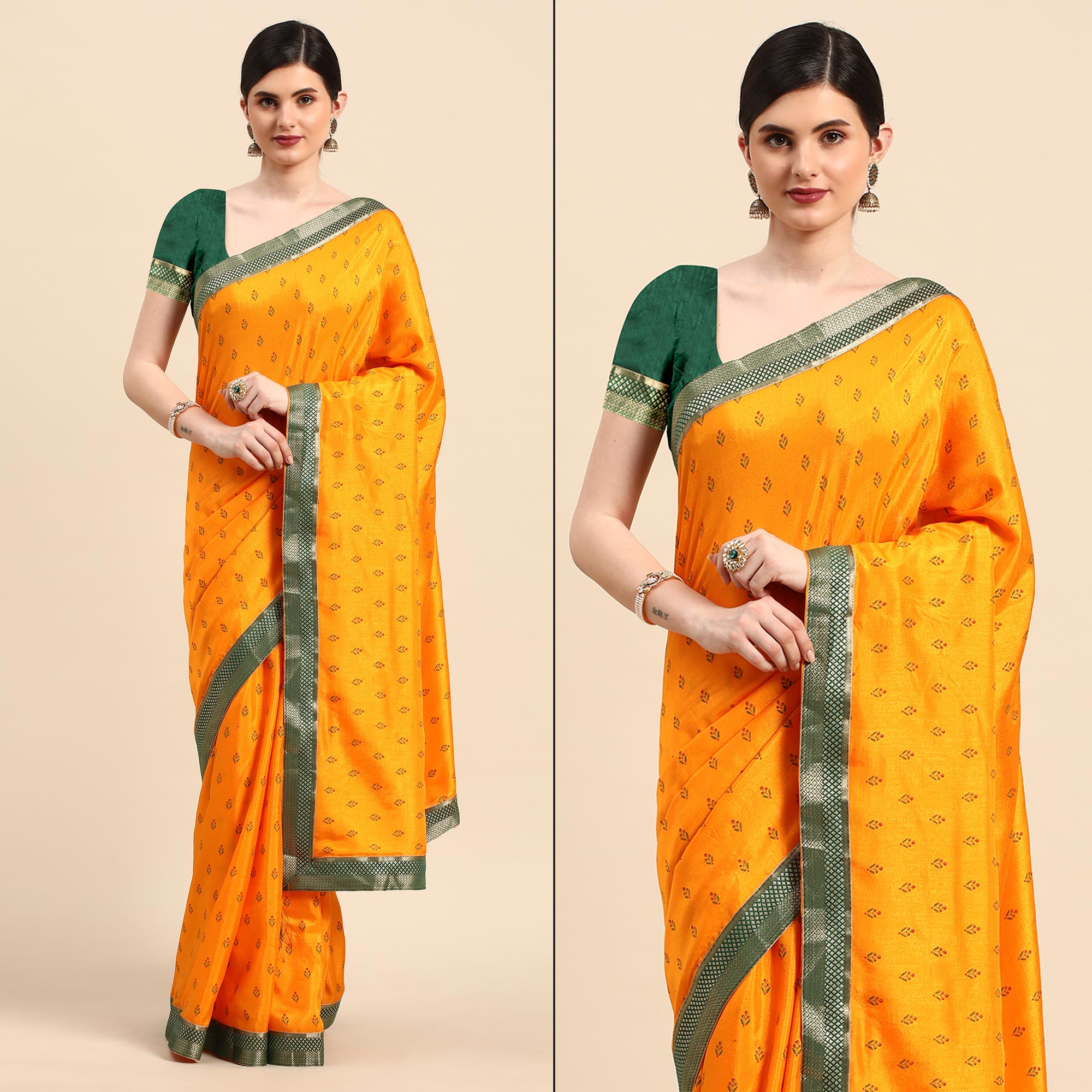 Yellow Floral Printed Vichitra Silk Saree With Tassels