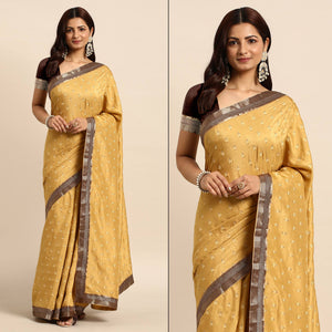 Beige Floral Printed Vichitra Silk Saree With Tassels