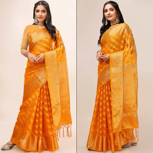 Orange Woven Organza Saree With Tassels