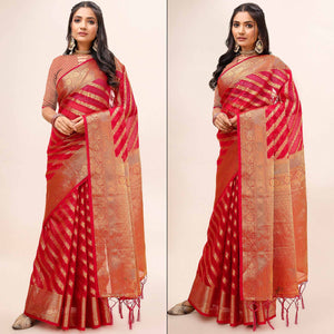Pink Woven Organza Saree With Tassels
