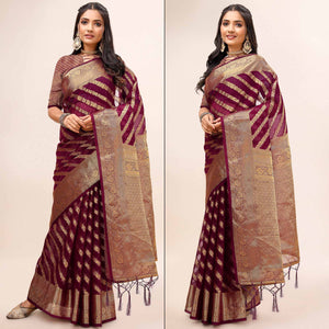 Maroon Woven Organza Saree With Tassels