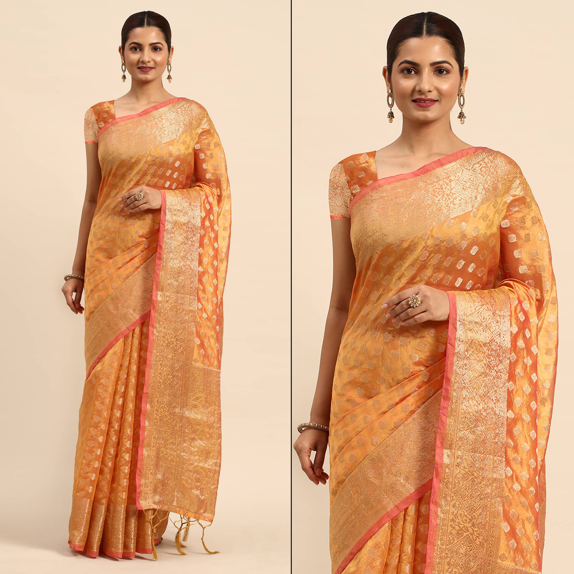 Mustard Woven Organza Silk Saree With Tassels