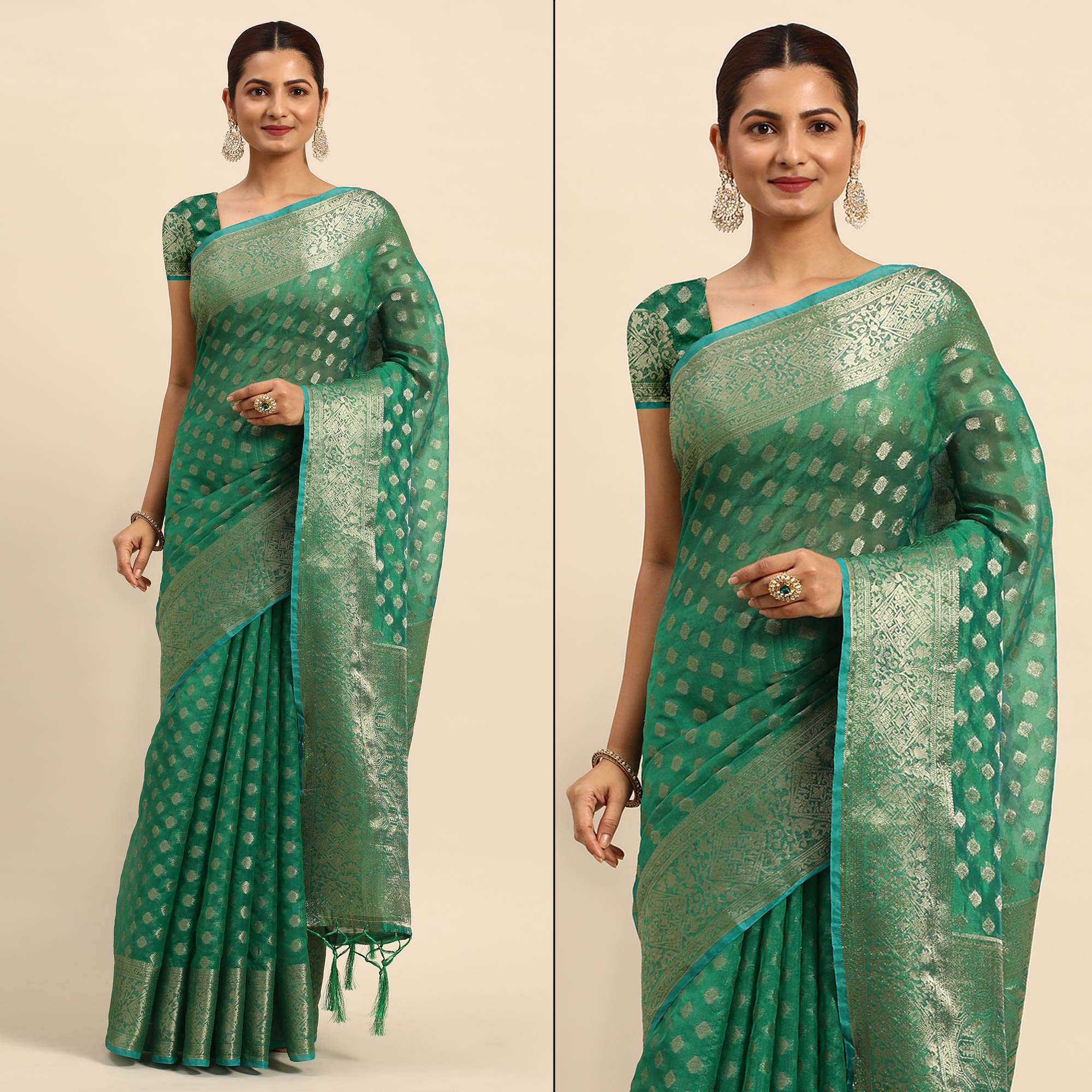 Green Woven Organza Silk Saree With Tassels