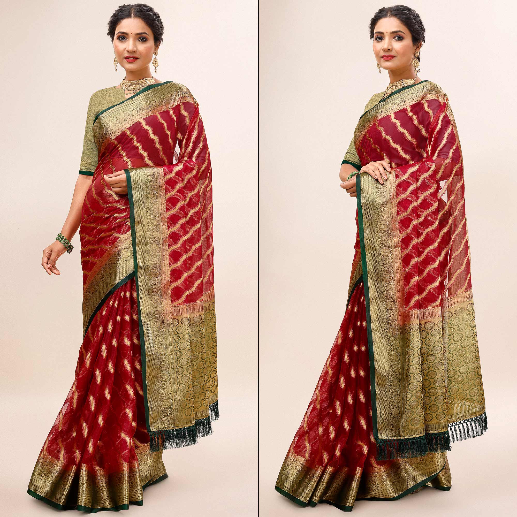 Maroon Woven Organza Saree With Tassels