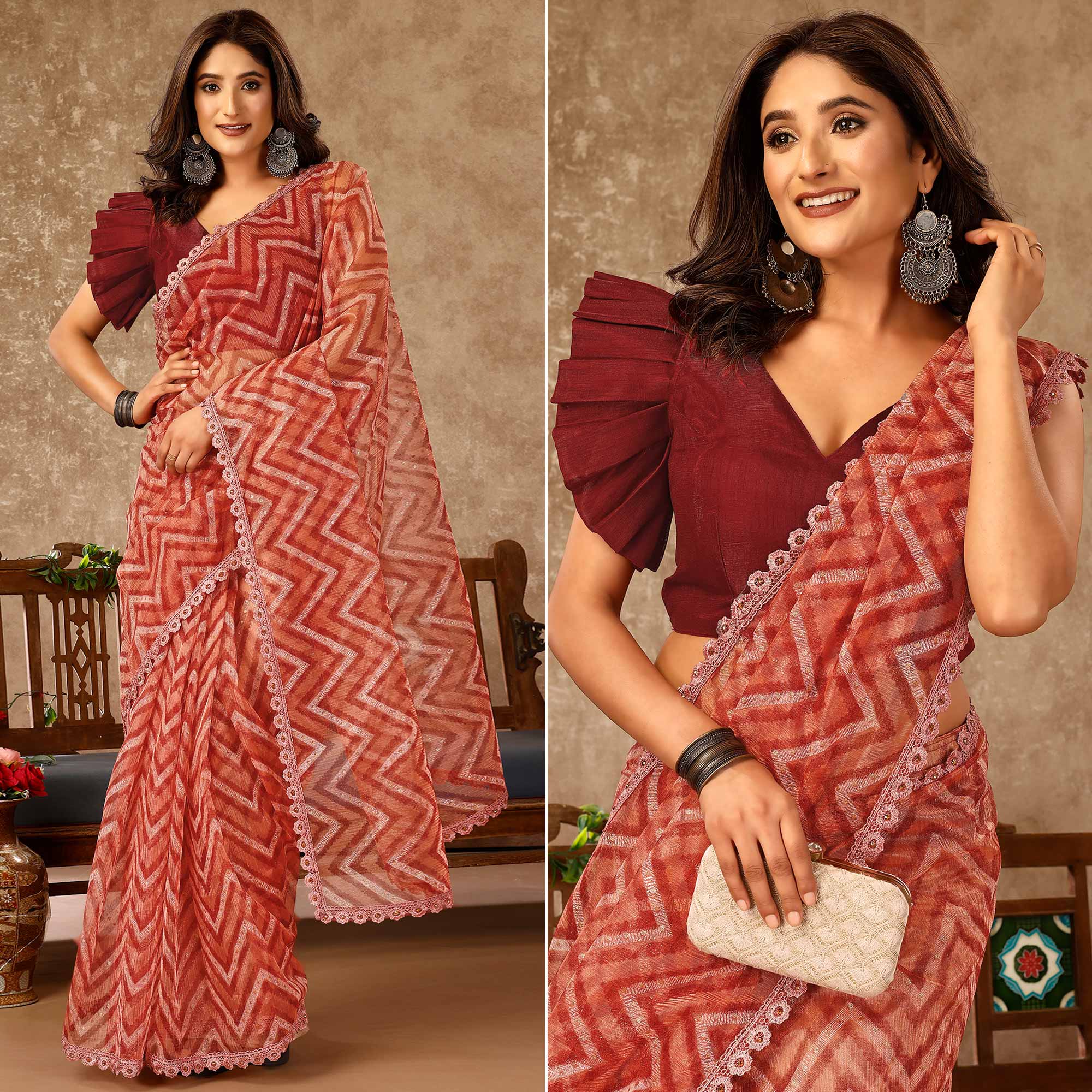 Peach Zig Zag Printed With Stone Work Organza Ready To Wear Saree