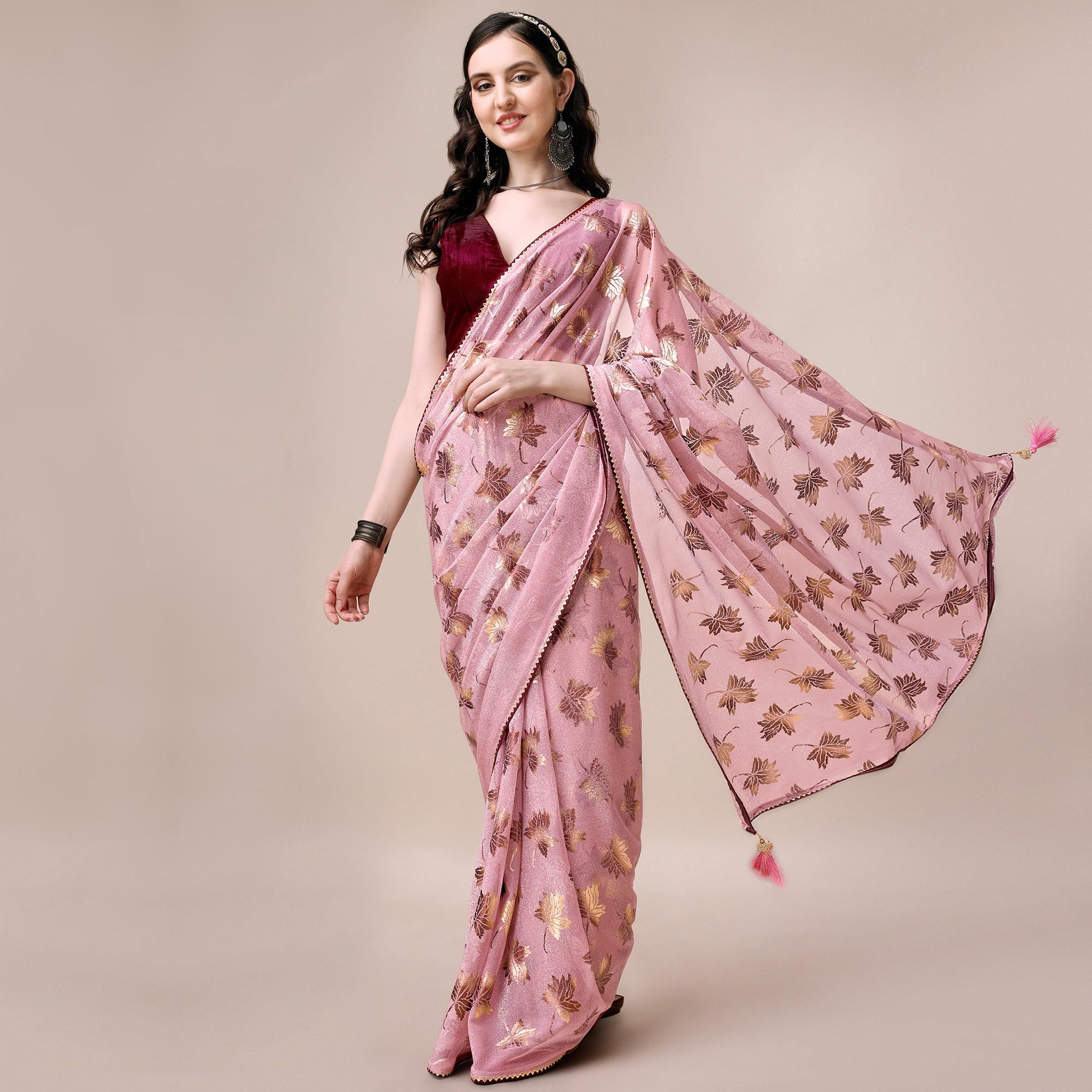 Pink Floral Foil Printed Rayon Saree