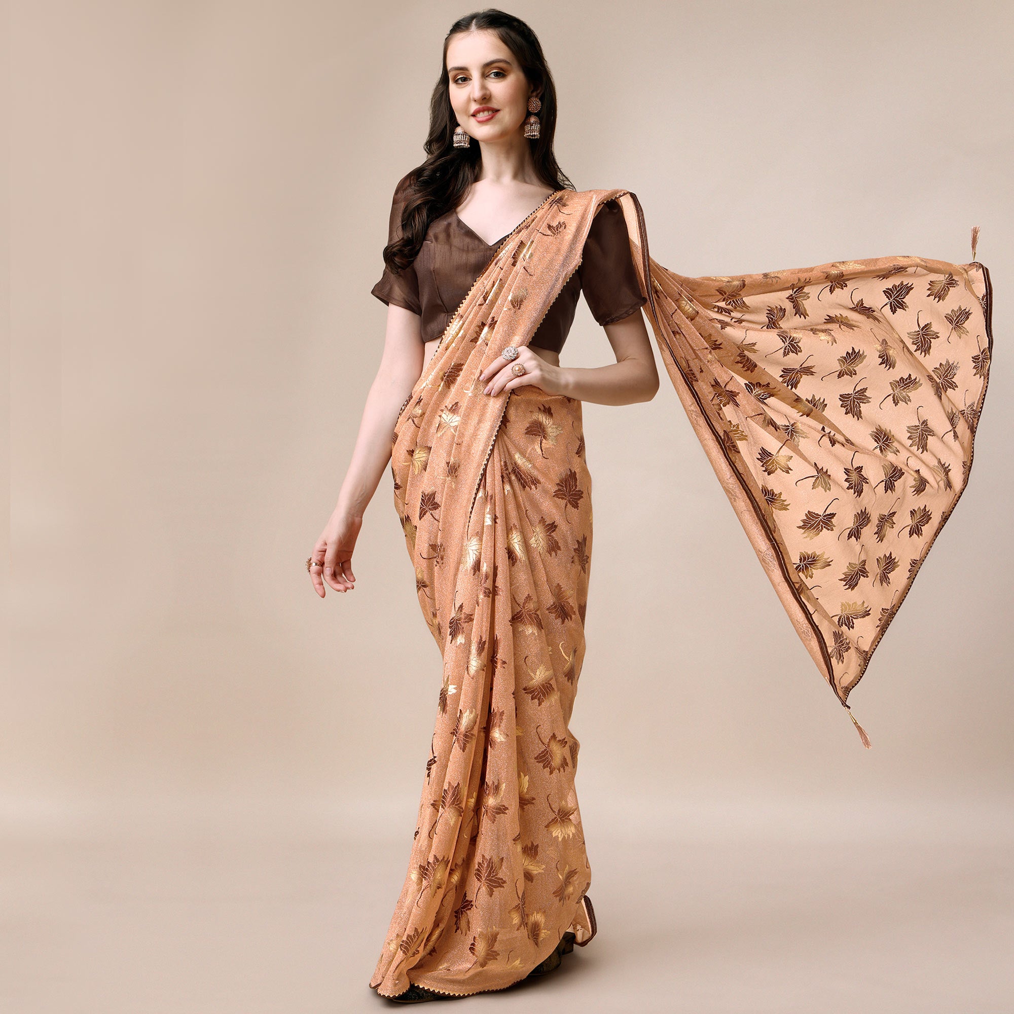 Peach Floral Foil Printed Rayon Saree