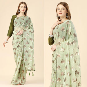 Light Green Floral Foil Printed Rayon Saree