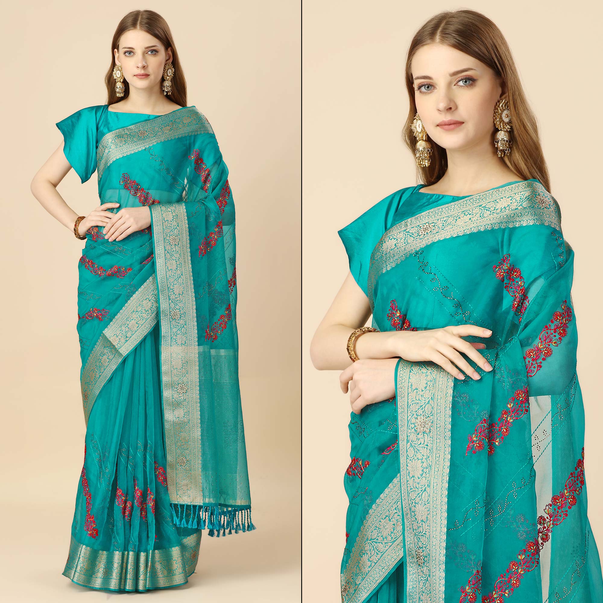 Rama Blue Floral Embroidery With Swarovski Work Organza Saree