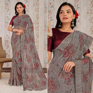 Grey Floral Digital Printed Lycra Saree With Embroidered Border
