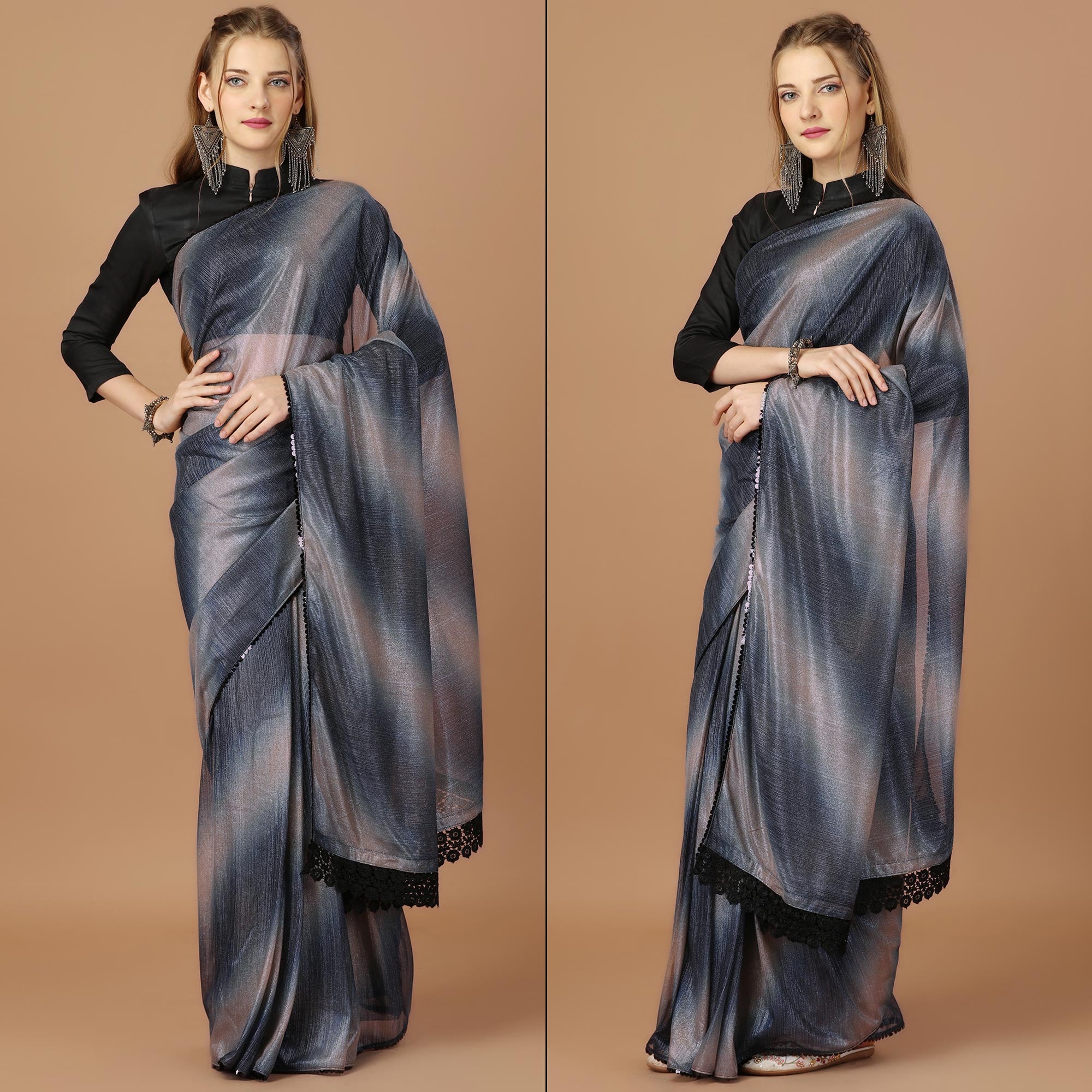 Blue Digital Printed Lycra Saree With Lace Border