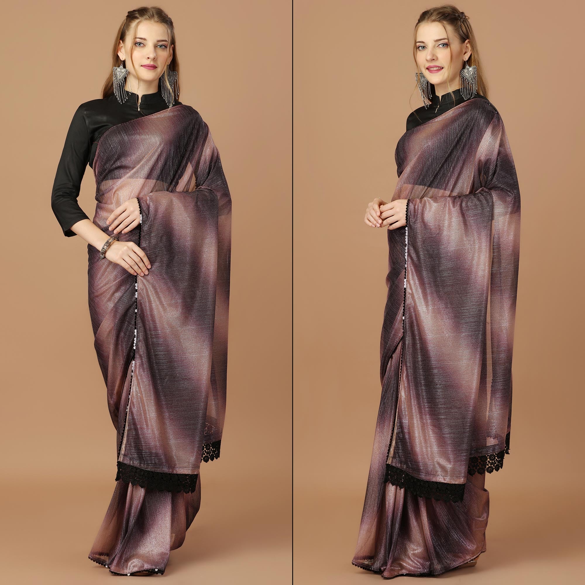Purple Digital Printed Lycra Saree With Lace Border