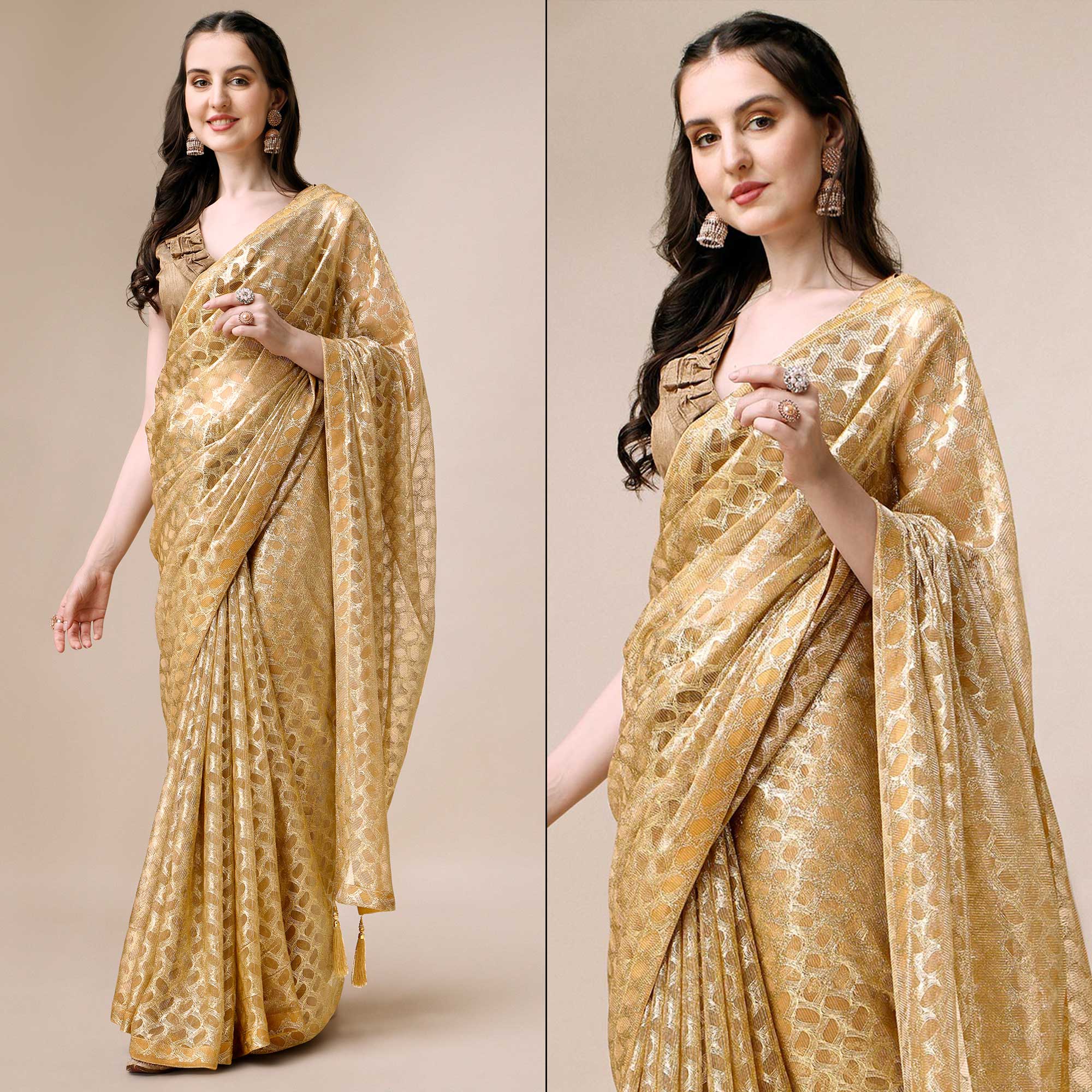 Mustard Foil Printed Rayon Saree