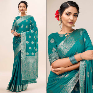 Turquoise Blue Woven Chiffon Saree With Tassels