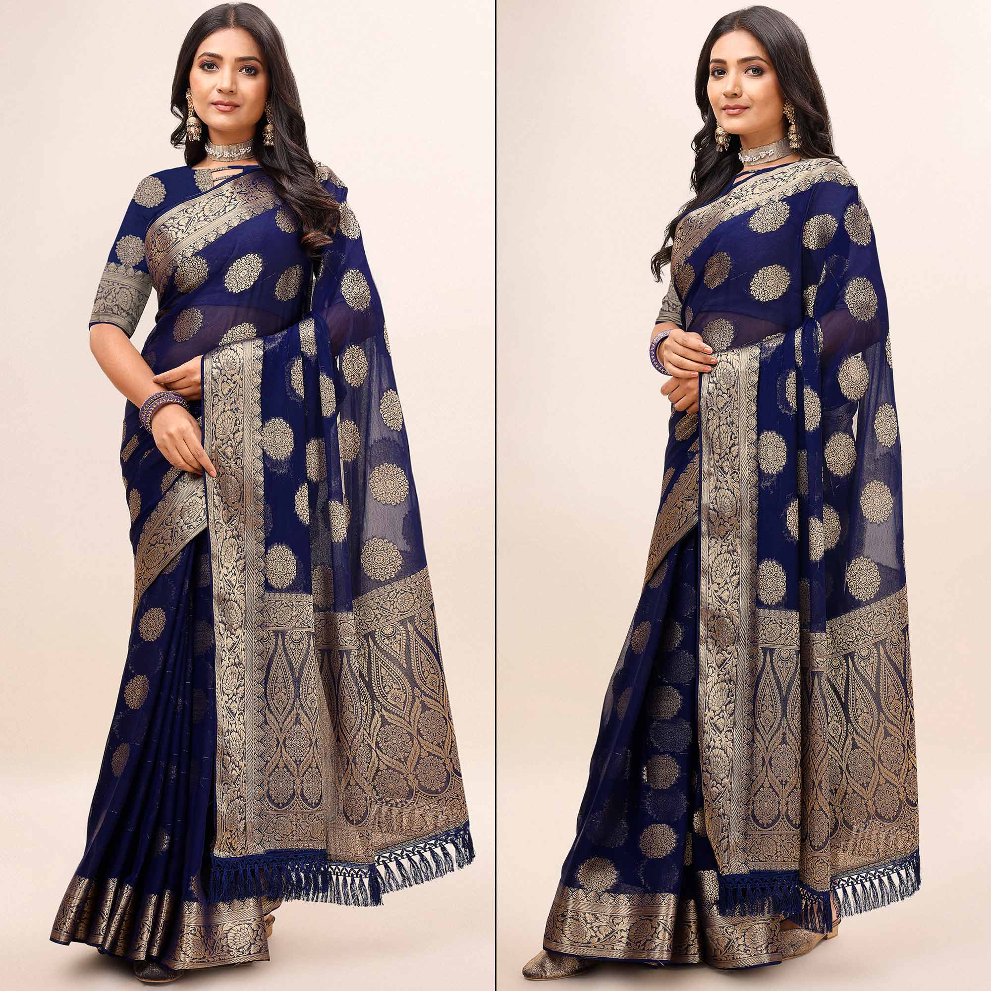 Navy Blue Woven Chiffon Saree With Tassels