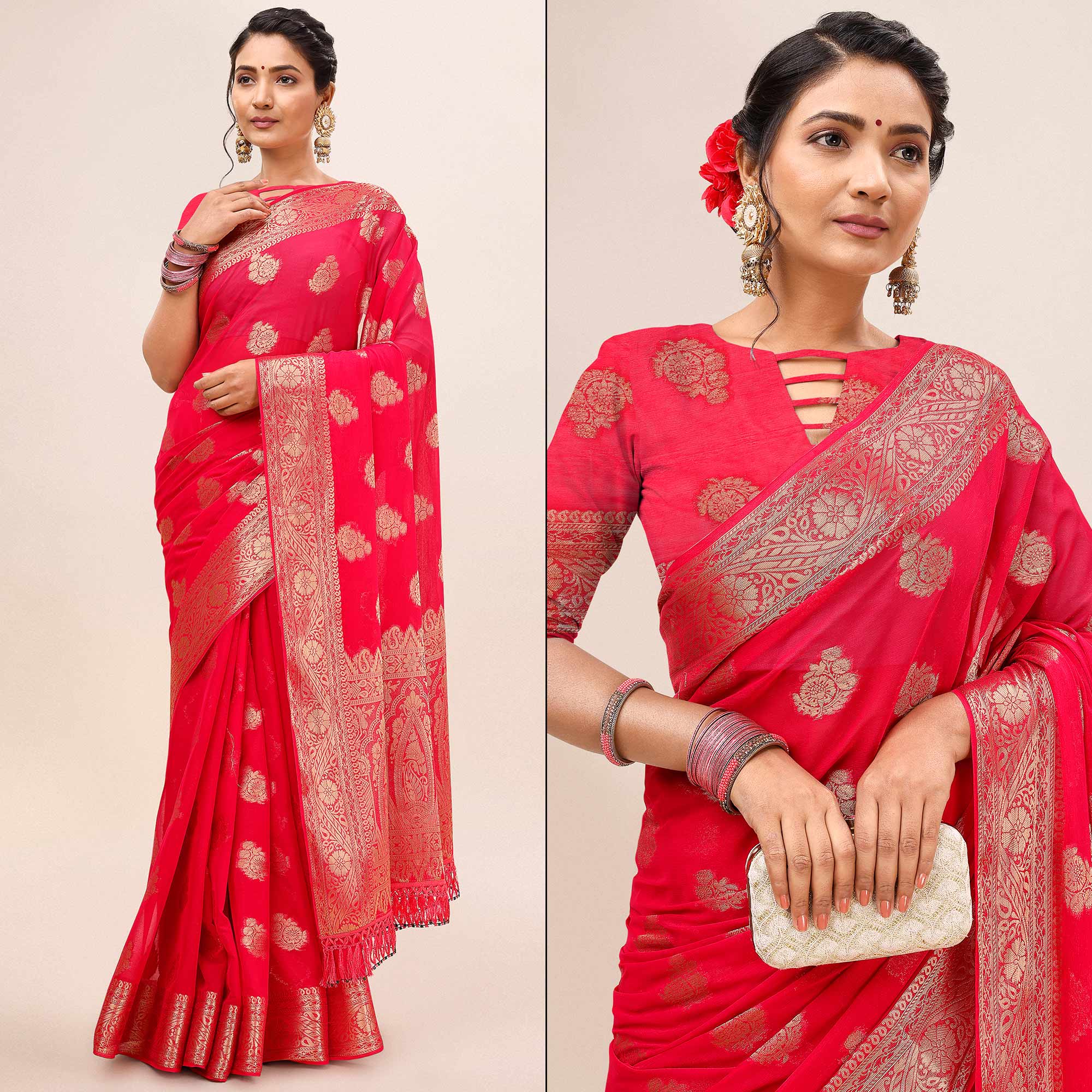 Pink Woven Chiffon Saree With Tassels
